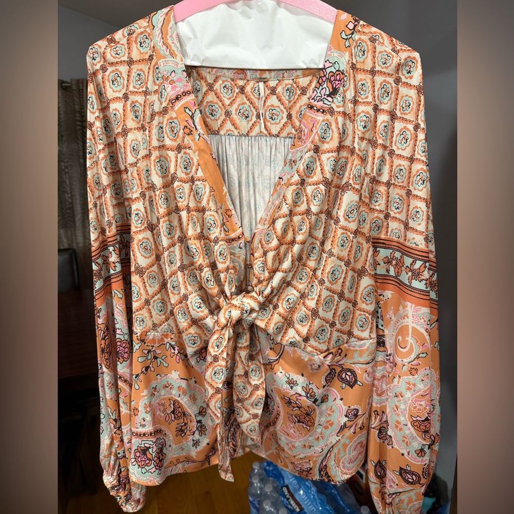 Free People Orange and Cream Patterned Blouse